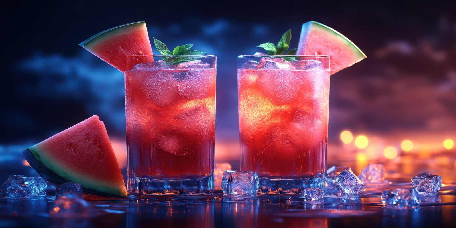 Refreshing watermelon cocktails in glasses with ice and mint on a vibrant summer evening